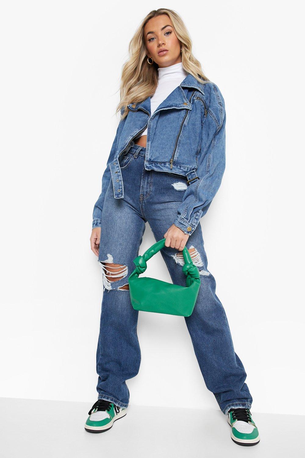 Crop Biker Zip Denim Jacket | boohoo